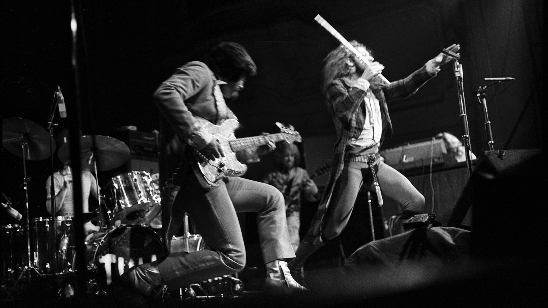 Jethro Tull, Musikhalle Hamburg, März 1973, Aqualung-Tournee, from left to right Barriemore Barlow (drums), Jeffrey Hammond (bass), Martin Barre (guitar), Ian Anderson (flute, guitar, vocals), John Evan (keyboards)