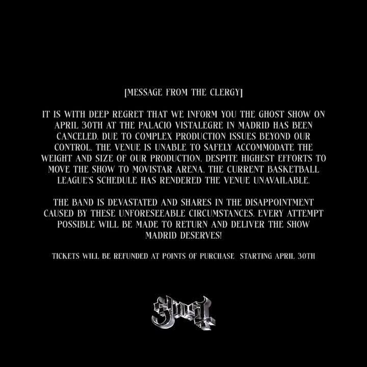 GHOST 2025 Cancelación concierto Madrid