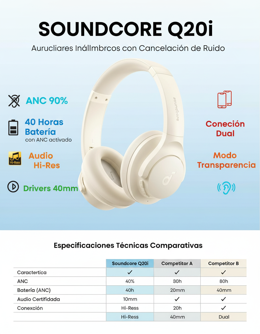 Infografía que resume características clave del Soundcore Q20i: diseño, ANC, batería, sonido Hi‑Res y precio